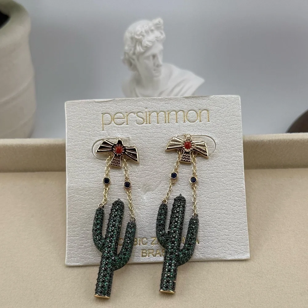Persimmon Cactus Dangle Earrings – Brass & Cubic Zirconia